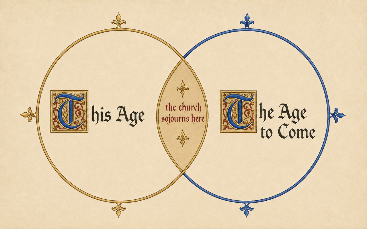 Illuminated diagram of two overlapping circles, a gold one labelled This Age and a lapis one labelled The Age to Come, each label opening with an illuminated initial; in the gold-tinted overlap, red rubric text reads: the church sojourns here