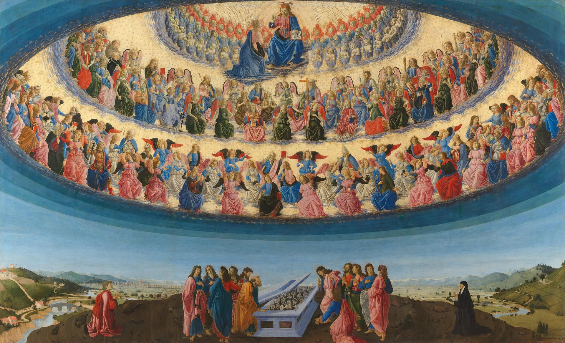 The Assumption of the Virgin by Francesco Botticini: the dome of heaven in tiered ranks of angels and saints, with Christ receiving Mary, above the apostles gathered at her empty tomb