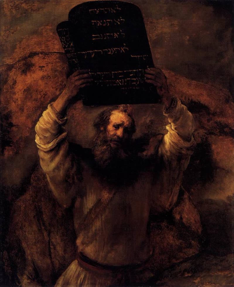 Moses holding the tablets of the law, painted by Rembrandt