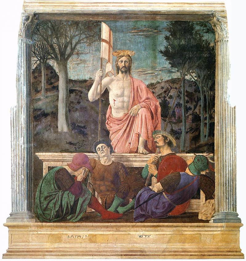 The risen Christ stepping from the tomb with a banner, between barren and leafing trees, by Piero della Francesca